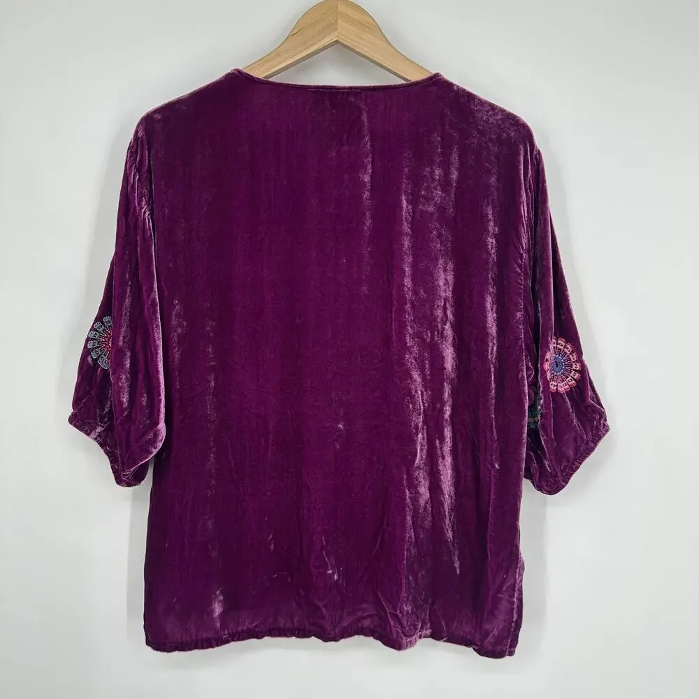 Johnny Was Nikkola Velvet Blousee Embroidered Floral Bird Boho Flowy Top Purple